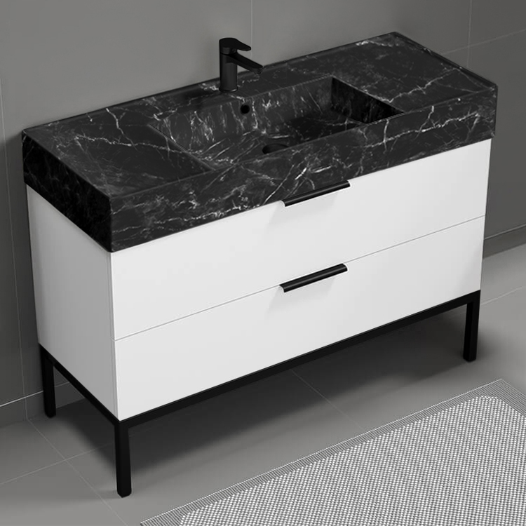 Nameeks DERIN925 Modern Bathroom Vanity With Black Marble Design Sink, Floor Standing, 48 Inch, Glossy White